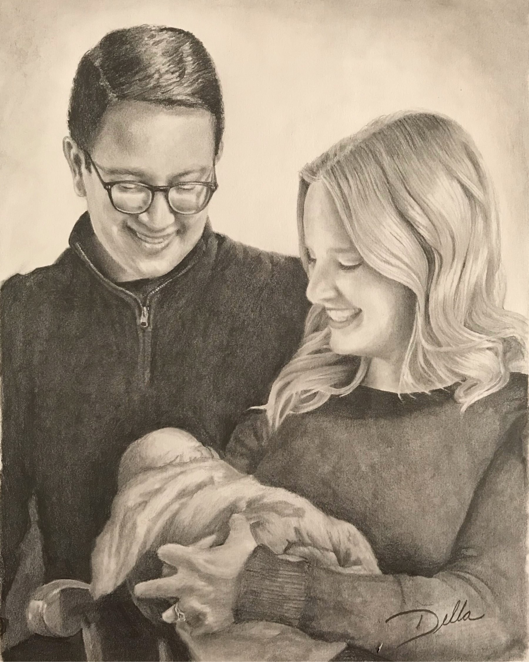 Drawing of couple with newborn by Della Chelpka